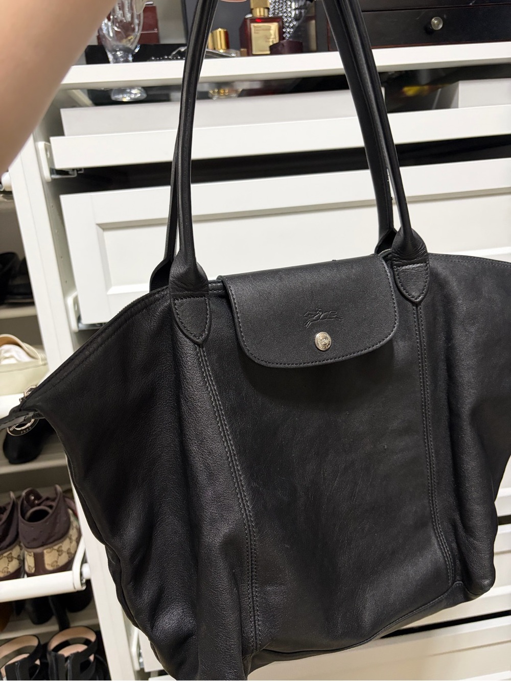 Longchamp Le Pliage Cuir tote in black — All Leather